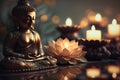 Buddha statue in meditation with lotus flower and burning candles. Meditation, spiritual health, peace, searching zen concept. AI