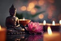 Buddha statue in meditation with lotus flower and burning candles. Meditation, spiritual health, peace, searching zen concept. AI