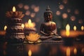 Buddha statue in meditation with lotus flower and burning candles. Meditation, spiritual health, peace, searching zen concept. AI