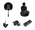 Buddha statue, national fan, hibiscus flower, Seoul tower. South Korea set collection icons in black style vector symbol Royalty Free Stock Photo