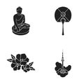 Buddha statue, national fan, hibiscus flower, Seoul tower. South Korea set collection icons in black style vector symbol Royalty Free Stock Photo