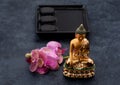 Buddha statue, orchid and zen stones. spa concept Royalty Free Stock Photo