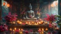 Buddha Statue In Ornate Temple. Candles, Flowers, and Offerings. Vesak, Buddha Purnima, AI Generated