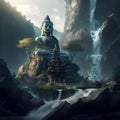 Buddha Statue with Pagoda Waterfall. Royalty Free Stock Photo