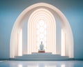 a buddha statue sits in front of an arched window