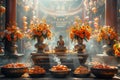 A Buddha statue sits surrounded by bowls filled with oranges during a Wesak or Vesak Day celebration