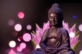 Buddha statue sitting in meditation pose against deep dark background and pink lotus flower behind. Royalty Free Stock Photo