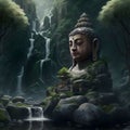 Buddha Statue Sitting Waterfall.