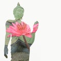 Buddha statue standing and lotus blossom inside using double exposure technique.