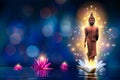 The Buddha statue stands on a white and pink lotus in the water. Bokeh blue background