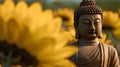 Buddha statue with sunflowers background, close up.