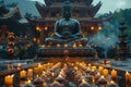 A buddha statue surrounded by candles in front of a building on Wesak or Vesak day