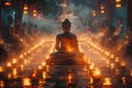 A buddha statue surrounded by lit candles in a Wesak or Vesak day celebration