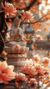 Buddha statue surrounded by lotus flowers, symbolizing serenity and spiritual contemplation. Vesak Day greeting card. Royalty Free Stock Photo