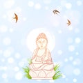 Buddha statue and swallows on blue glowing background Royalty Free Stock Photo