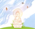 Buddha statue and swallows in blue sky with white clouds. Royalty Free Stock Photo