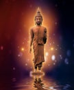 Buddha statue on water gold background purple color blue Royalty Free Stock Photo