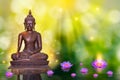 Buddha statue water lotus Buddha standing on lotus flower on orange background Royalty Free Stock Photo