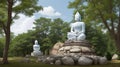 buddha statue white on the rock hill - landscape statue buddha sitting on outdoor bright day with tree and sky background Royalty Free Stock Photo