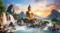 Buddha statues in serene contemplation amidst the awe inspiring backdrop of majestic mountains, their forms bathed in the gentle Royalty Free Stock Photo