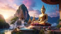 Buddha statues in the temple stand tall, surrounded by the majestic allure of mountains and the soothing of cascading waterfalls,