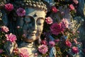 A stone statue of Buddha among flowers