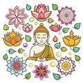 Buddha surrounded by lotus flowers and decorative elements Royalty Free Stock Photo