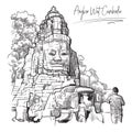 Buddha Temple in Angkor Wat, Cambodia. Engraving style sketch.