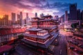 Buddha Tooth Relic Temple at sunrise in China town, Singapore