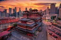 Buddha Tooth Relic Temple at sunrise in China town, Singapore