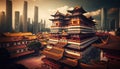 Buddha Toothe Relic Temple in Chinatown, with Singapore`s business district in the background, Generative Ai Royalty Free Stock Photo