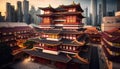 Buddha Toothe Relic Temple in Chinatown in Singapore, with Singapore`s business district in the background, Generative Ai