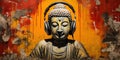 Buddha, wearing headphones, finds inner peace through music, transcending time and space with harmonious rhythms