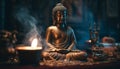 Buddhism ancient statue sits, meditating, surrounded by candlelight and tranquility generated by AI