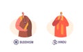 Buddhism and Hindu Religious Ministers, Dedicated Characters Who Providing Spiritual Guidance, Vector Illustration