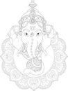 Buddhism religion Ganesha god in mandala sketch template. Graphic elephant vector illustration in black and white