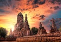 Buddhism Stupa in the Ancient Ruin of Ayutthaya Thailand with sun set sky