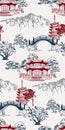 Buddhism temple card nature landscape view landscape card vector sketch illustration japanese chinese seamless pattern Royalty Free Stock Photo