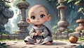 Buddhist baby in a praying position. Innocent, spiritualism, little Chinese monk captivates with his serene expression.Bald little