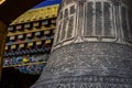 Buddhist Bell and sacred inscriptions at Boudhanath Stupa temple in Kathmandu, Nepal