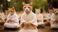 Buddhist cat, animal worship, funny illustration of a cat with folded paws.