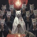 Buddhist cat, animal worship, funny illustration of a cat with folded paws.