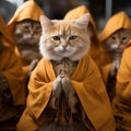 Buddhist cat, animal worship, funny illustration of a cat with folded paws in prayer.
