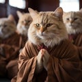 Buddhist cat, animal worship, funny illustration of a cat with folded paws in prayer.