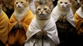 Buddhist cat, animal worship, funny illustration of a cat with folded paws.