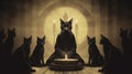 Buddhist cat, animal worship, funny illustration of a cat with folded paws.