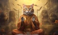 Buddhist cat meditates in cozy fantastic quiet place. Zen master cat sits in lotus position with arms raised. Achieving