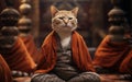 Buddhist cat meditates in cozy quiet place. Zen master kitty sits in lotus position, meditates. Achieving nirvana