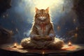Buddhist cat meditates in cozy quiet place. Zen master kitty sits in lotus position meditates. Achieving nirvana