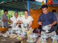 Buddhist ceremony philanthropy offer food alms to monk. Royalty Free Stock Photo